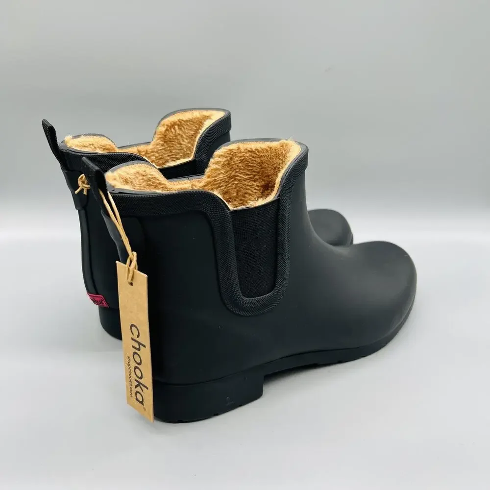Chooka Boots Womens 10 Black Rubber Ankle Faux Fur Lined Rain Booties Shoes